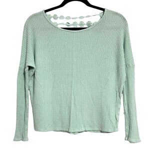 Waffle Knit Shirt Womens XS Mint Green Y2K Top With Floral Lace Back Detail Long
